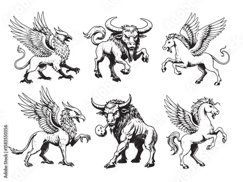 Engraved fantasy beasts including griffin minotaur hydra and pegasus in classic myth illustration style