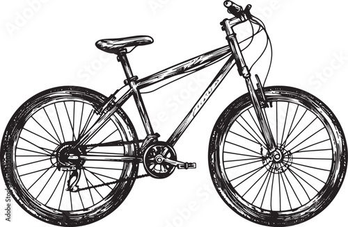 Mountain bike sport bicycle sketch engraving vector illustration. T-shirt apparel print design. Scratch board style imitation. Hand drawn image.
