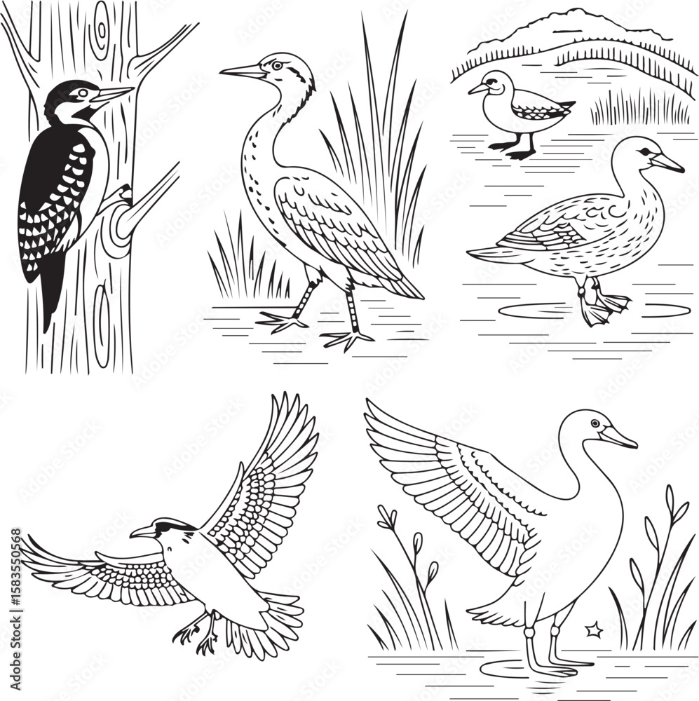 Naklejka premium Line Art Birds Set - Perching, Flying, and Standing Illustrations