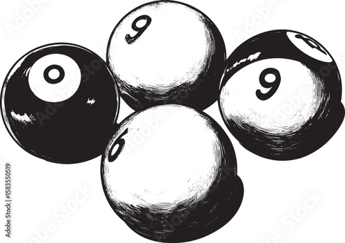 Billiard pool balls ivories engraving vector illustration. T-shirt apparel print design. Scratch board style imitation. Black and white hand drawn image.