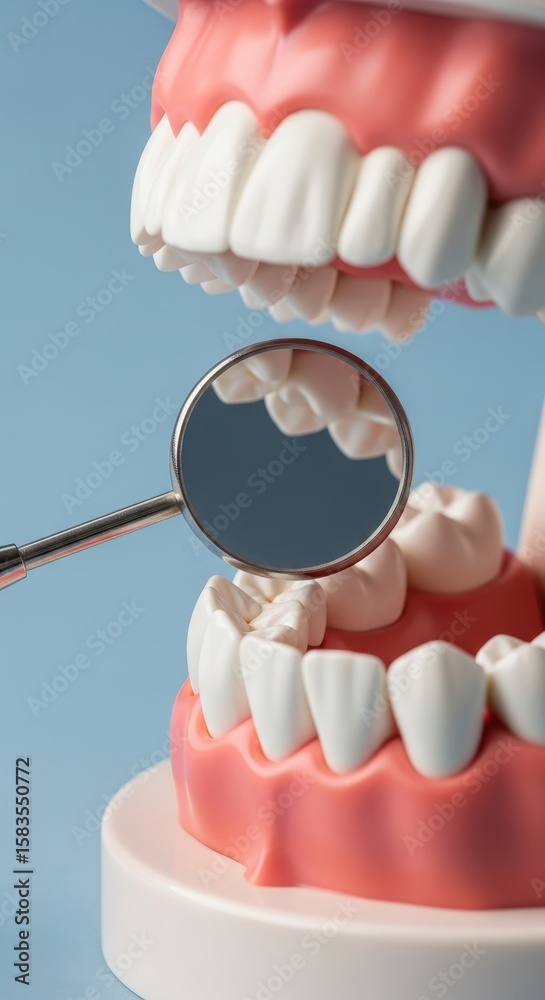 Obraz premium Dental Jaw Model with Mirror for Oral Health Education isolated PNG with Transparent Background
