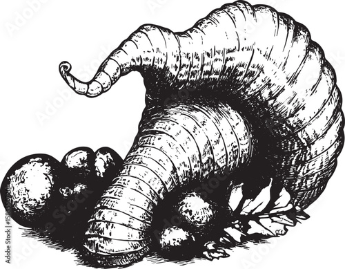 Cornucopia horn of plenty sketch engraving vector illustration. T-shirt apparel print design. Scratch board imitation. Black and white hand drawn image.