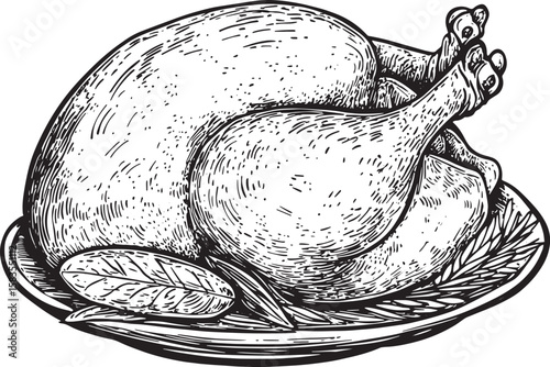 Roast turkey chicken meat food sketch engraving vector illustration. Scratch board style imitation. Black and white hand drawn image.