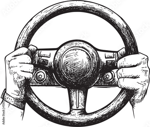 Hands of racer on car steering wheel sketch engraving vector illustration. Scratch board style imitation. Black and white hand drawn image.