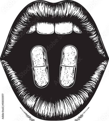 Tongue with drug narcotic pill and LSD stamp color sketch engraving vector illustration. Scratch board style imitation. Black and white hand drawn image.