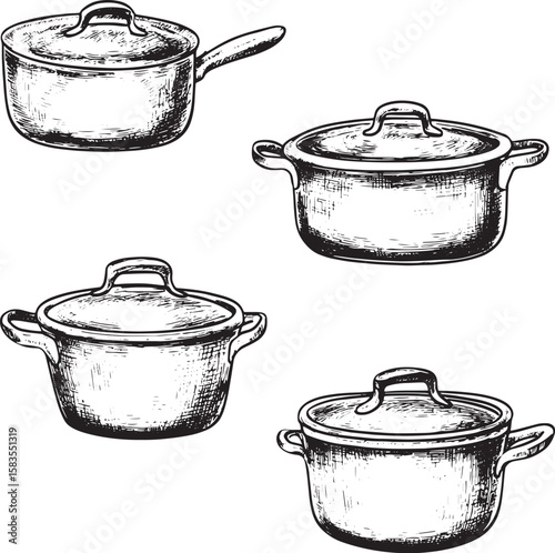 Pan casserole pot set kitchen utensils sketch engraving vector illustration. Scratch board style imitation. Black and white hand drawn image.