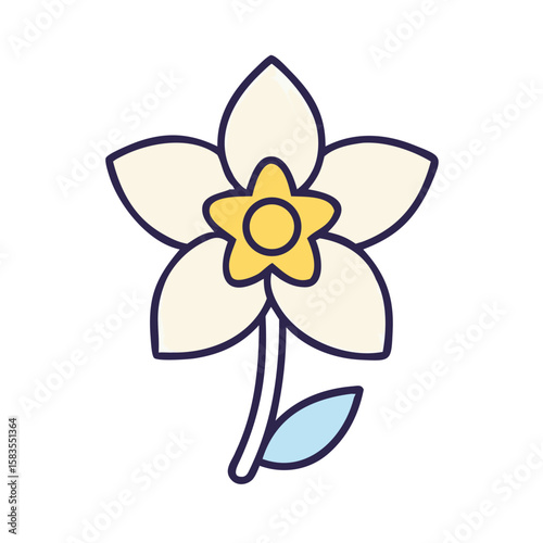 Elegant Bloom: A minimalistic and artistically drawn single daffodil, exuding a serene charm in a cheerful display, its delicate petals gently open to embrace the warmth.