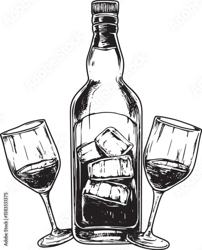 Whiskey alcohol bottle with ice and glasses walks on its feet sketch engraving vector illustration. Scratch board style imitation. Black and white hand drawn image.