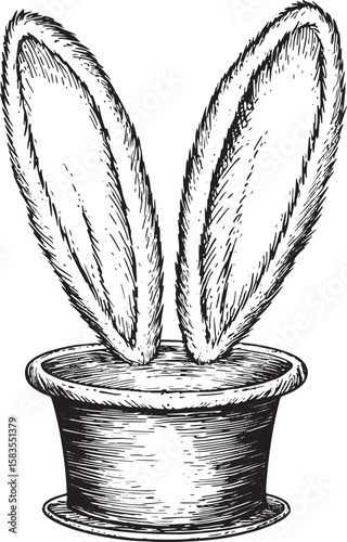 Bunny ears in magician hat sketch engraving vector illustration. Scratch board style imitation. Hand drawn image.