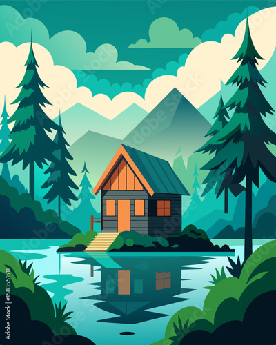 Imagine working from a remote fishing cabin surrounded by lush greenery and the gentle sounds of nature creating the ultimate tranquil setting for productivity and relaxation.. Vector illustration