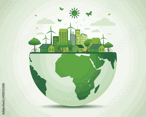 Eco-urban illustration with wind turbines, solar panels, trees, and African globe—symbolizing sustainability, innovation, and global care