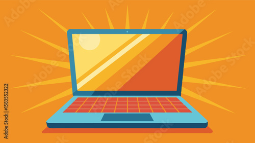 The laptops screen is tilted towards the warm rays of the sun making it appear as if its absorbing the sunlight.. Vector illustration