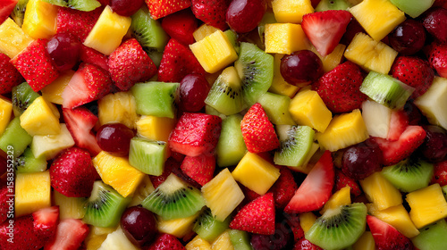イチゴ・キウイ・マンゴー・ぶどうなどが彩り豊かに並ぶカットフルーツのミックス構図。ヘルシーな食生活や夏向けのコンテンツに適したビジュアル。
