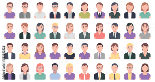 Grid of 40 diverse illustrated avatars showcasing varied hairstyles, clothing, and accessories—representing individuality and inclusion