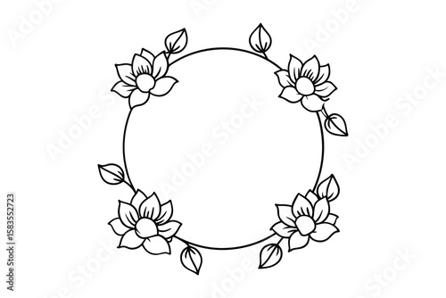 A clean and simple black and white Decorative round floral frames made of blooming flowers hand drawn with contour lines on white background