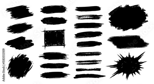 Assorted Black Ink Brush Strokes and Splatters with Varying Textures and Shapes.