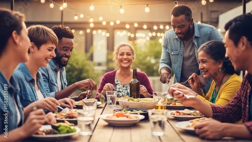 Joyful Friends Enjoying Outdoor Dinner Party Together