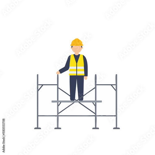 Worker Standing on Scaffolding with Helmet Flat Icon