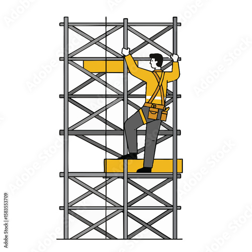 Worker Climbing Scaffolding with Harness Flat Vector Icon