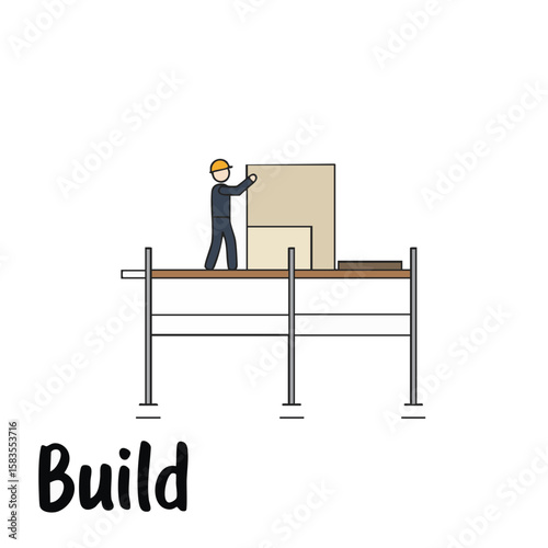 Worker Installing Panel on Scaffolding with ‘Build’ Label