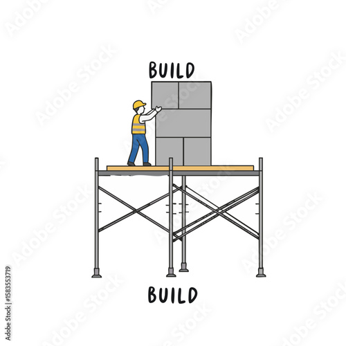Worker Installing Panel on Scaffolding with ‘Build’ Label
