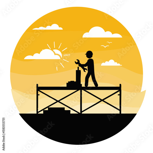 Silhouette Worker on Top of Scaffolding Holding Wrench Icon
