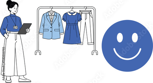 Cartoon woman with clothing rack and happy face button stands smiling