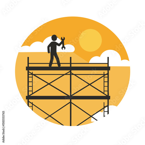 Silhouette Worker on Top of Scaffolding Holding Wrench Icon
