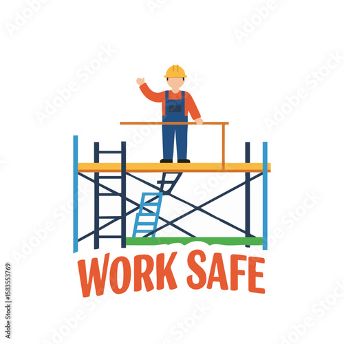 Scaffolding with Worker and ‘Work Safe’ Badge Flat Icon