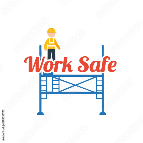 Scaffolding with Worker and ‘Work Safe’ Badge Flat Icon