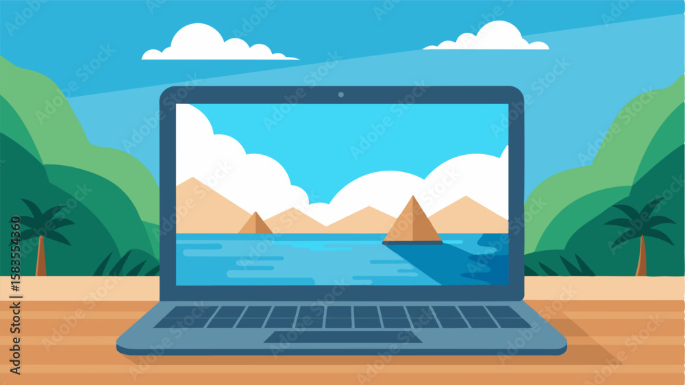 Fototapeta premium From the laptops perspective it has the best seat in the house with a panoramic view of the vast expanse of the sea.. Vector illustration