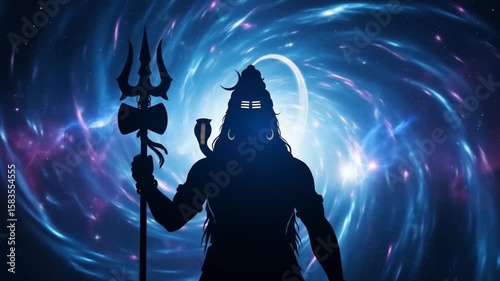 Lord Shiva wallpaper - Cosmic Silhouette of a Divine Figure with Trident and Crescent Moon Against a Swirling Nebula Background, Representing Spiritual Power and Universa...