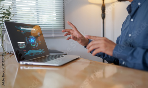 AI generate concept showing businessman typing on laptop with artificial intelligence app interface, digital technology, automation, smart software, and innovative business solution.