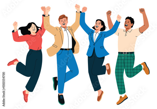 Four joyful individuals jumping mid-air with raised arms—celebrating unity, energy, and spontaneity in a casual, expressive moment