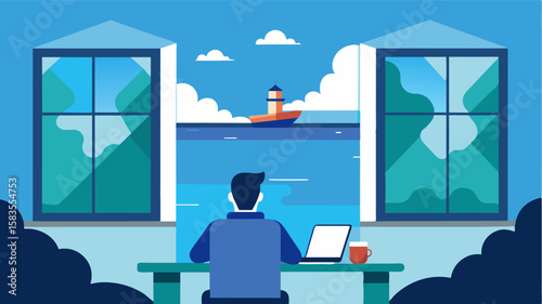 The crisp ocean air fills the room as a freelancer in the lighthouse inn opens the windows to clear their mind and find inspiration.. Vector illustration