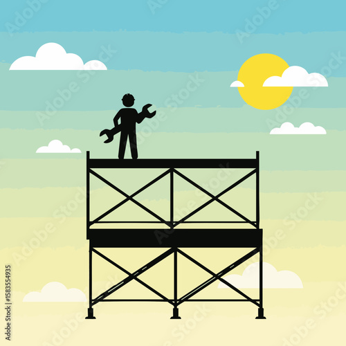 Silhouette Worker on Top of Scaffolding Holding Wrench Icon