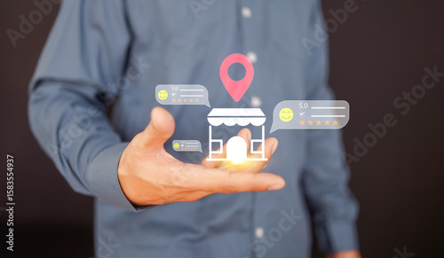 Local business reviews and customer feedback system on mobile device, showcasing star ratings for small businesses. Digital marketing, local SEO, and consumer experience in online business reviews