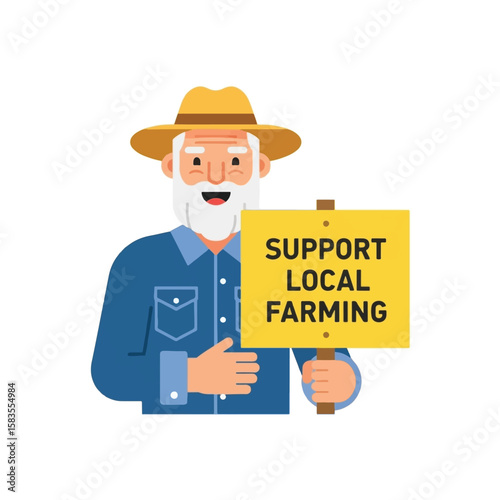 Elderly farmer advocating for local farming, holding a sign promoting community support.