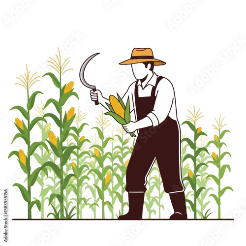 A farmer harvests ripe corn in a verdant field, using a traditional sickle.
