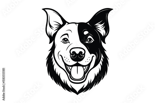 A black and white vector illustration of a large, happy-looking dog with a friendly, open expression. The dog's face is prominently featured, with detailed fur textures and defined features like eyes,