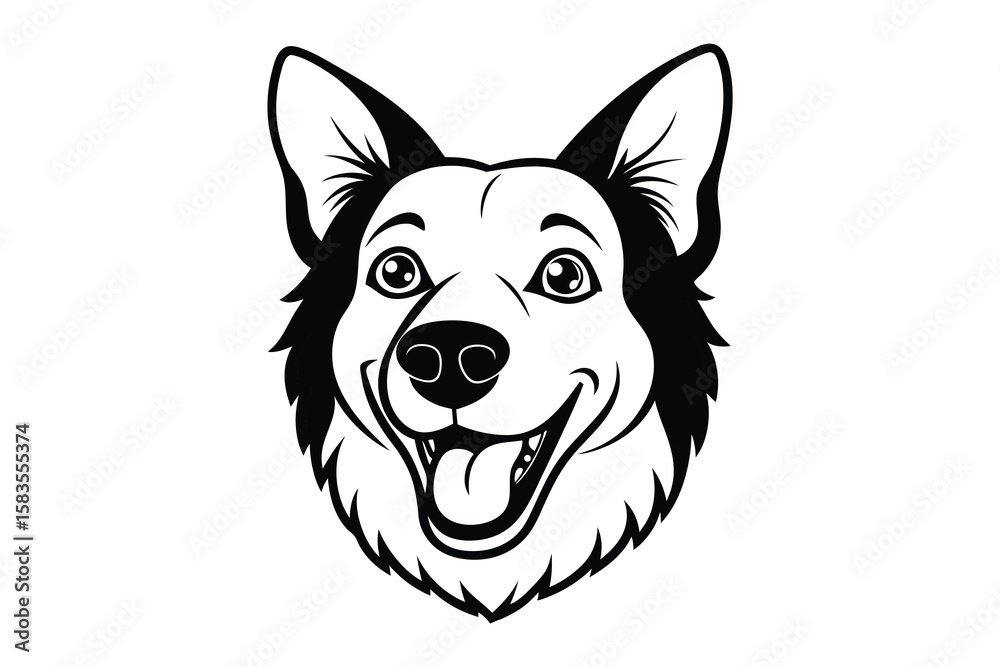 Naklejka premium A black and white vector illustration of a large, happy-looking dog with a friendly, open expression. The dog's face is prominently featured, with detailed fur textures and defined features like eyes,