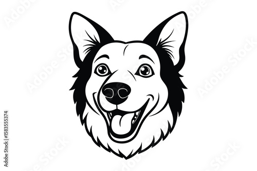 A black and white vector illustration of a large, happy-looking dog with a friendly, open expression. The dog's face is prominently featured, with detailed fur textures and defined features like eyes,