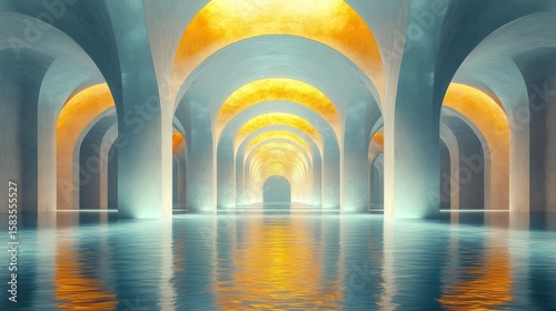Archway tunnel  golden light  water reflection