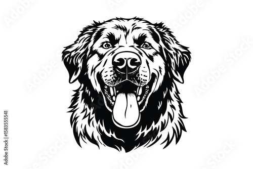 A black and white vector illustration of a large, happy-looking dog with a friendly, open expression. The dog's face is prominently featured, with detailed fur textures and defined features like eyes,