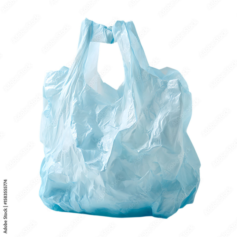 Fototapeta premium A crumpled light blue plastic shopping bagon white background