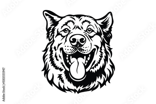 A black and white vector illustration of a large, happy-looking dog with a friendly, open expression. The dog's face is prominently featured, with detailed fur textures and defined features like eyes,