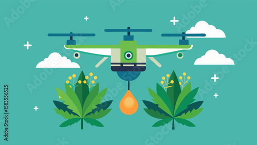 An aerial drone equipped with advanced imaging technology scanning and identifying the healthiest and most abundant herbs for harvesting.. Vector illustration