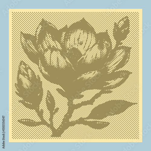  Olive Color Magnolia Flower Canvas Template Vector, Engraving Style Stamp Dot Halftone Decor Design, Floral Botanical Drawing for Wall Art, Poster, Vintage Print, Digital Artwork