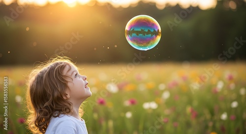 夕日輝く草原で子供笑顔 泡見つめる虹色光彩. AI Generated