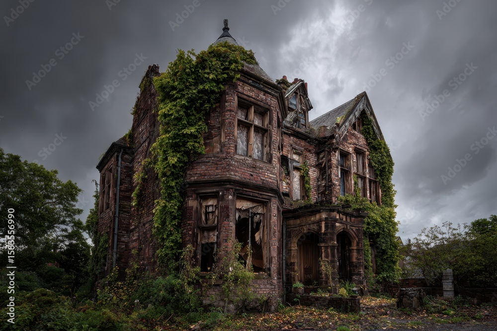 Obraz premium Dilapidated mansion under dramatic sky